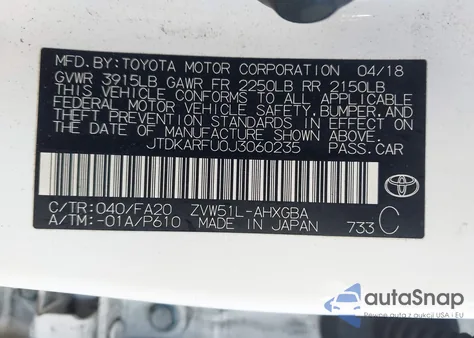 2018 Toyota Prius Three z USA, uszkodzony, nr VIN JTDKARFU0J3060235